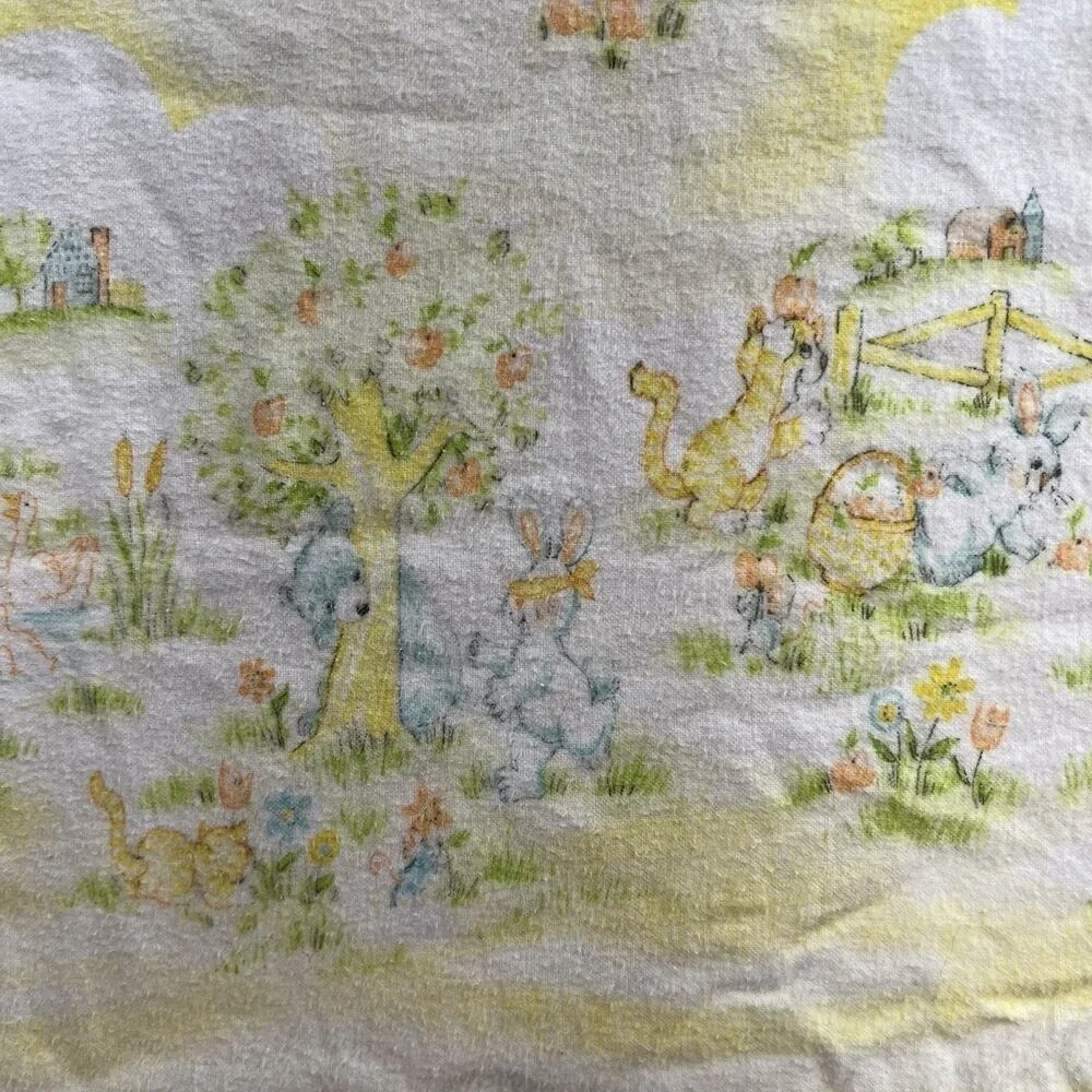 Vintage Dundee Flannel Receiving Blanket Sleeping‎ Baby Bunnies Design Cotton
